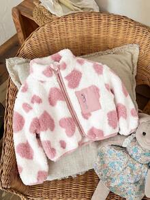 SHEIN Babygirl Cute Autumn/Winter Heart Pattern Fluffy Stand Collar Jacket - Pink - View 4