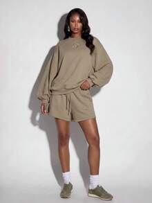 Avantive Women's Fashion Embroidered Long Sleeve Sweatshirt And Drawstring Waist Pocket Shorts 2 Pieces Set Airport Khaki Autumn Casual - Mocha Brown - View 4