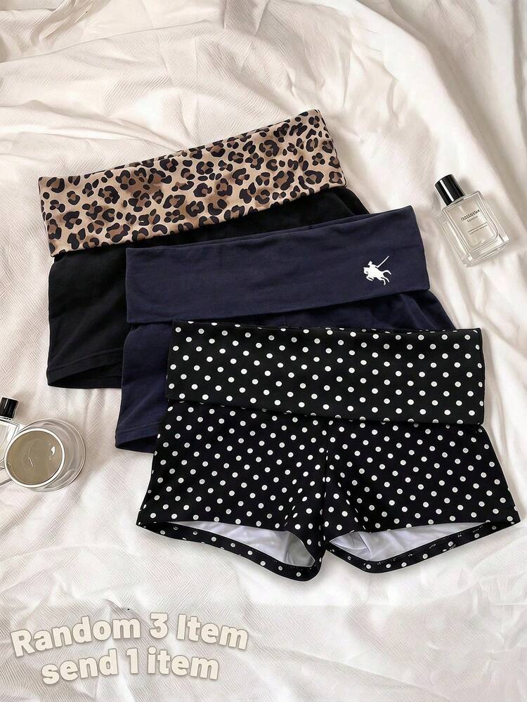 Teen Girls Casual All-Match Versatile Daily Folded Waist Print Super Short Knitted Shorts Random Pattern, Summer, Outfit, Fall, Back To School, Loose - Black - View 2