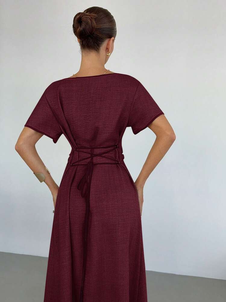 Siren Gaze Women's Summer Elegant Cross Strap Waist-Cinching Long Dress Brunch Vacation Burgundy - Burgundy - View 7