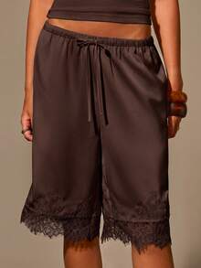 Athîral Women's Lace Patchwork Casual Versatile Daily Wear Long Pants - Brown - View 5