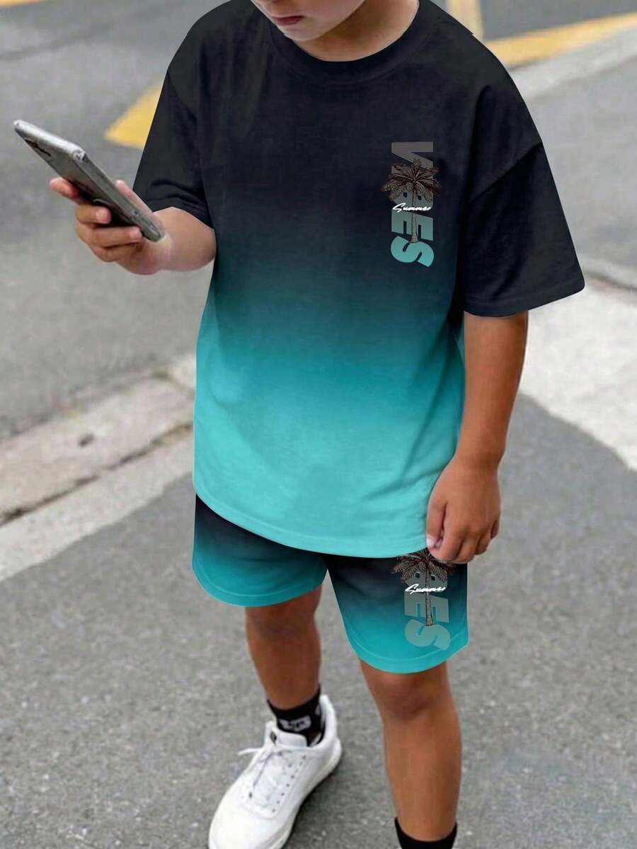 SHEIN 青少年男童休闲舒适简约圆领短袖T恤和短裤套装 - 彩色 - 查看 1