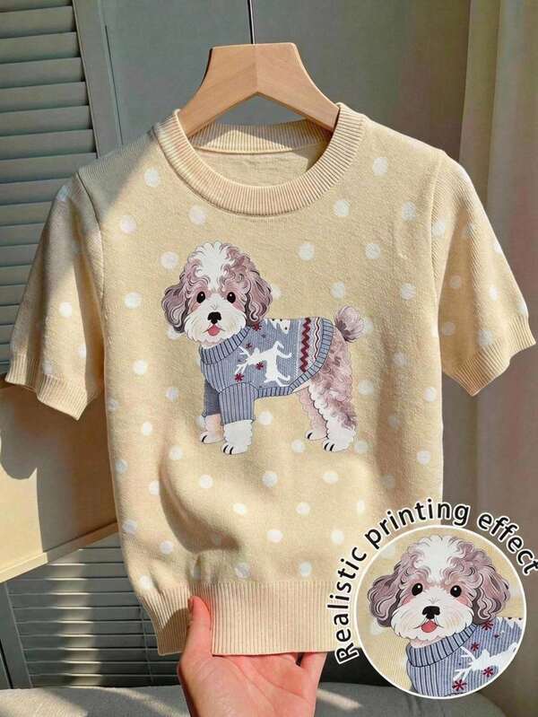 CovetEZ Women's Beige Puppy Print Cropped Sweater Back-To-School School Graduation College Summer Casual Cute