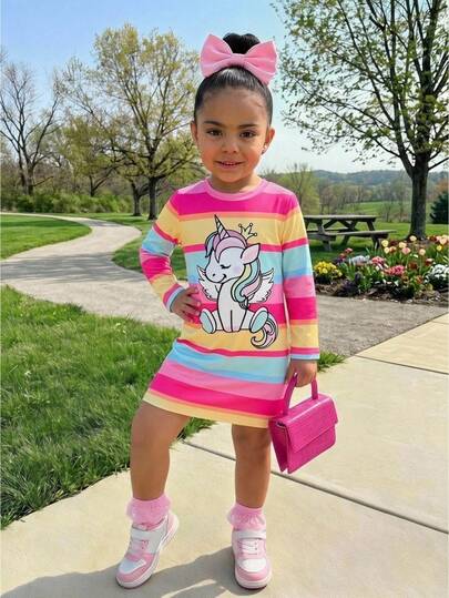 Kids Young Girls Cute Holiday Fashion Unicorn Print Rainbow Crew Neck Long Sleeve Dress Festival Outfits Halloween Back To School Autumn Winter