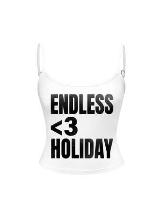 Grunge Punk Damen Buchstaben Muster Lässig Streetwear Vielseitig Alltags Kleidung Träger Top Urlaub Weiß und Schwarz Sommer