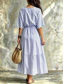 EMERY ROSE Vestido de rayas verticales para mujer de talla grande, vestido de lino azul para vacaciones en la playa - Azul - Ver 2