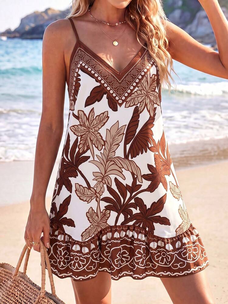 Swim Lushoire New Women's Leopard Print Spaghetti Strap Swimsuit Cover-Up Dress, Beach Vacation Outfit, Elegant Women's Dress, Easter Dress, Casual Dress, Holiday Dress, Country Dress, Blue Dress, Summer Beach Wear - Brown - View 1