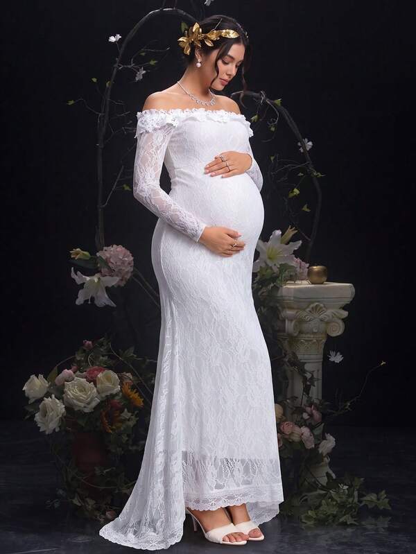 Cheriluna Maternity Maternity Solid Color Lace Off-Shoulder Mermaid Dress Photoshoot Summer Elegant Maternity Fall