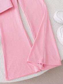 2pcs/Set Tween Girls Light Pink Ribbed Camisole+Low-Waist Casual Pants,Contrast Trim Vintage Summer Casual Outfits For Daily Wear,Outings&Photo Shoots - Pink - View 4