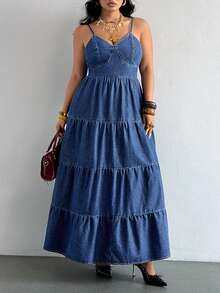SHEIN Holidaya Plus Size Summer Casual Tie Back Open Back Spaghetti Strap Denim Dress - Blue - View 4