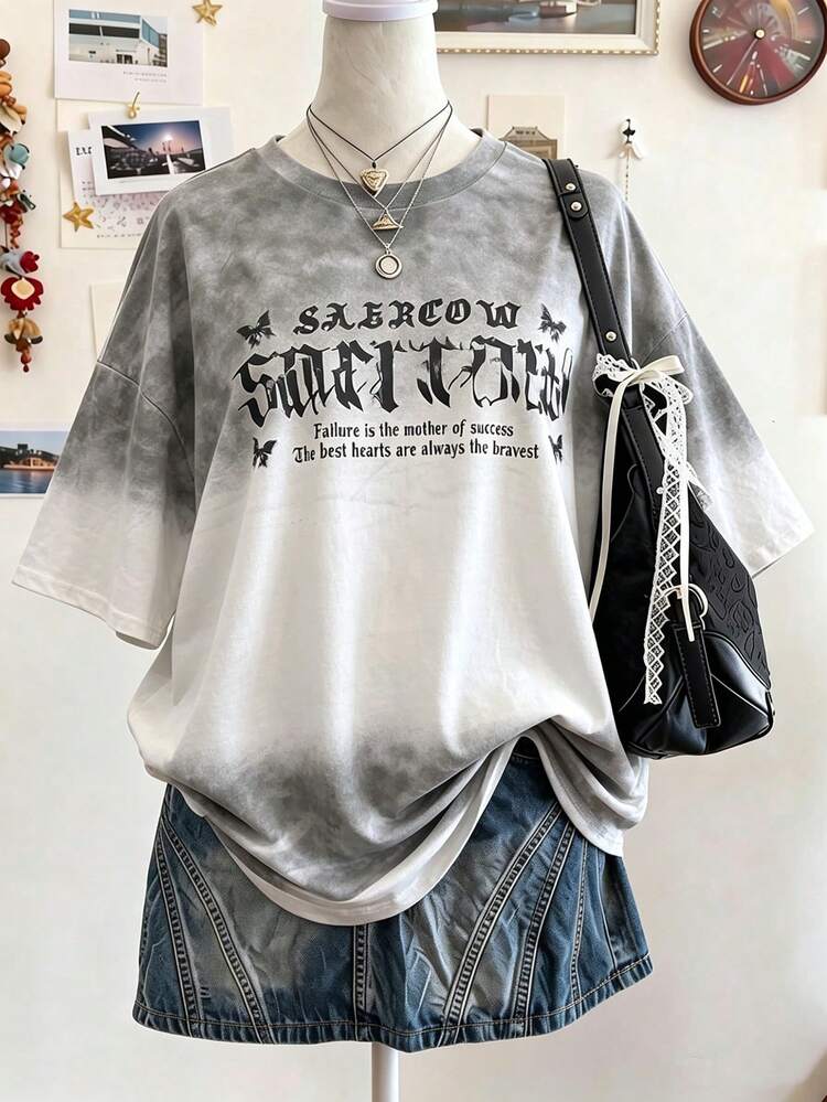 Lalippa Gothic Letter Gradient Digital Print Fashion Minimalist Women's Oversized Mid-Length Round Neck Drop Shoulder T-Shirt, Friend's Gift - Multicolor - View 3