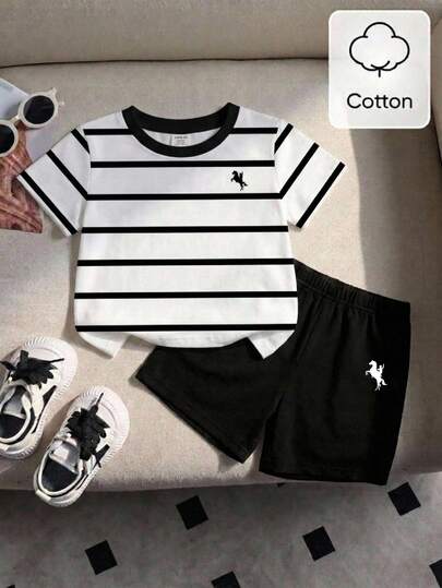 Bộ áo thun kẻ sọc và quần short phong cách tối giản thường ngày cho bé trai, phù hợp mùa hè