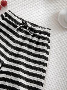 SHEIN LMoss Kids 少女款針織條紋休閒寬鬆直筒長褲 - 黑色 - 查看 5