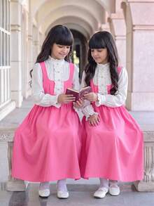 SHEIN 青少年女孩休閒學院風日常百搭舒適拼接撞色領口洋裝 返校季秋冬穿搭 - 粉色 - 查看 2