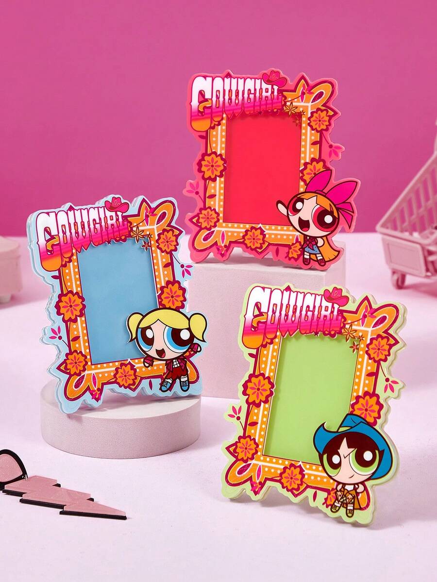 THE POWERPUFF GIRLS X Joivida 1件裝卡通圖案壓克力磁吸相框展示架,適用3英吋迷你照片,直立式設計,紫色與粉色兩款可愛邊框可選,簡約創意,適合派對、生日、節日禮物,不含磁鐵 - 均碼 - 查看 1