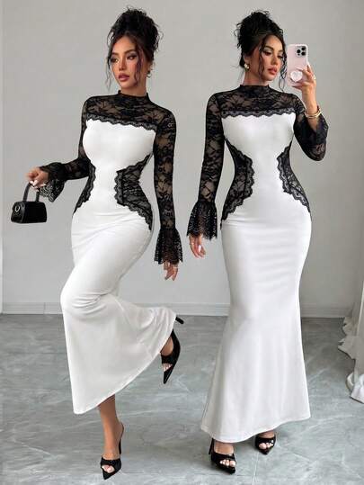 Modelyn Elegant High-End Lady Style Lace Patchwork Hollow Contrast Color Long Sleeve Slim Fit Flattering Women's Formal Long Dress