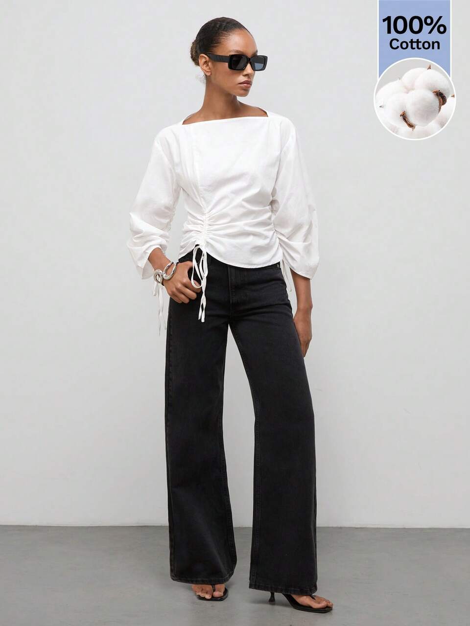 SHEIN Maija White Boat Neck Women's Top Cocoon Long Sleeve Drawstring Design Urban Casual Summer Party Office Brunch Going Out