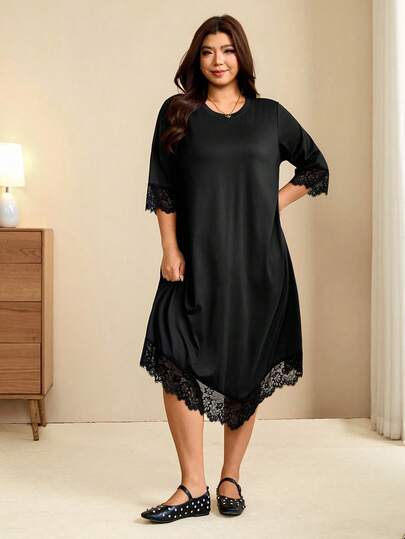 Edennvi Plus Size Women's Best-Selling Elegant Comfortable Round Neck Mid-Sleeve Lace Patchwork Design Straight A-Line Dress, Slimming Minimalist Fit, Suitable For Daily Wear, Commuting, Dating, Party, Slimming T-Shirt Dress