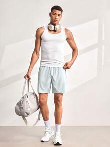 Driftmere Men's Letter Print Zipper Pocket Elastic Waist Sports Shorts, Boyfriend Style - Light Grey - View 3