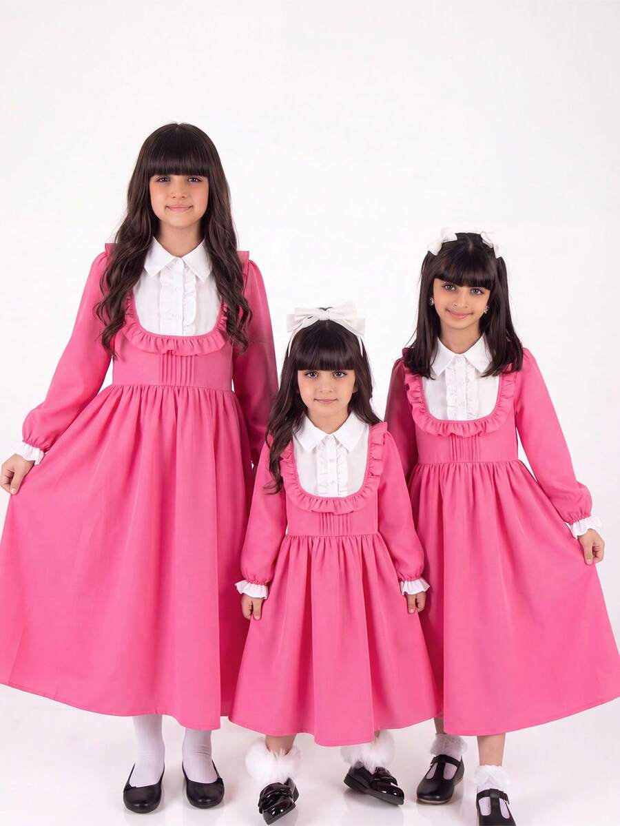 SHEIN Vestido dulce francés con botones, media abertura y volantes en el bajo para niña preadolescente - Rosa - Ver 1