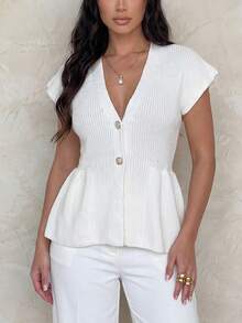 Privoire Cardigan de punto de manga corta con cuello en V estilo francés chic para mujer - Blanco - Ver 5