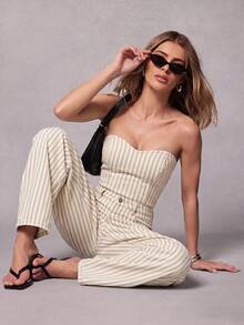 Hauture Women's Casual Striped Button Pocket Jeans For Daily Wear - Apricot - View 3