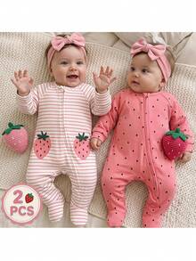 SHEIN Set Baju Bayi Perempuan Baru Lahir Motif Stroberi Rajut Lembut Leher Bulat Lengan Panjang Bodysuit & Celana 2 Potong - Berwarna merah muda - View 1
