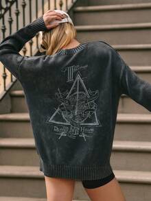 GLOWMODE X Deathly Hollows Relaxed Rib Knit Faded Wash Sweater Pakaian Kasual Sehari-hari Musim Panas - Dark Grey - View 3
