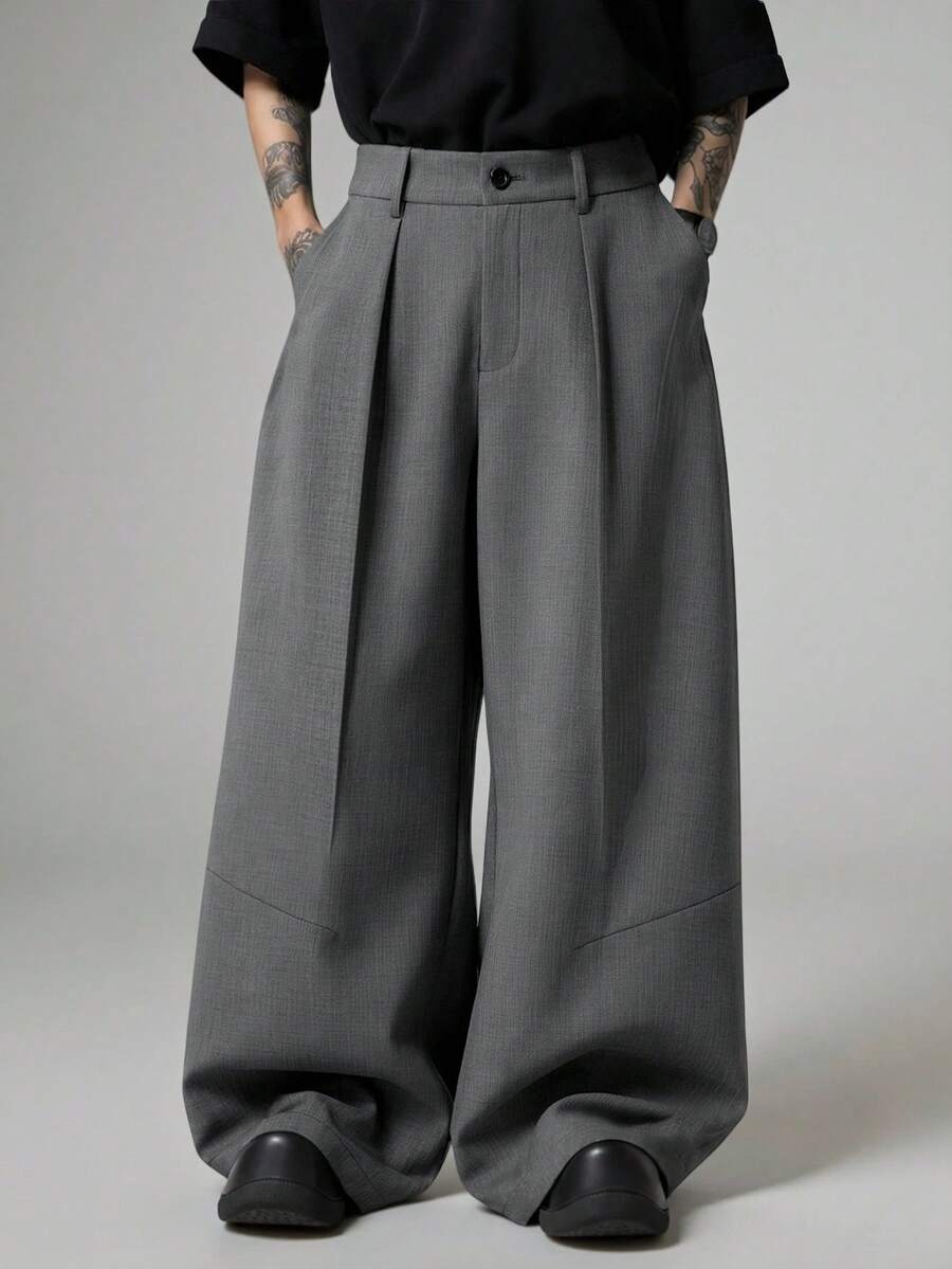 STYNVO Pantalones de pierna ancha de unicolor versátiles para el trayecto diario de moda para hombres - Gris Oscuro - Ver 1