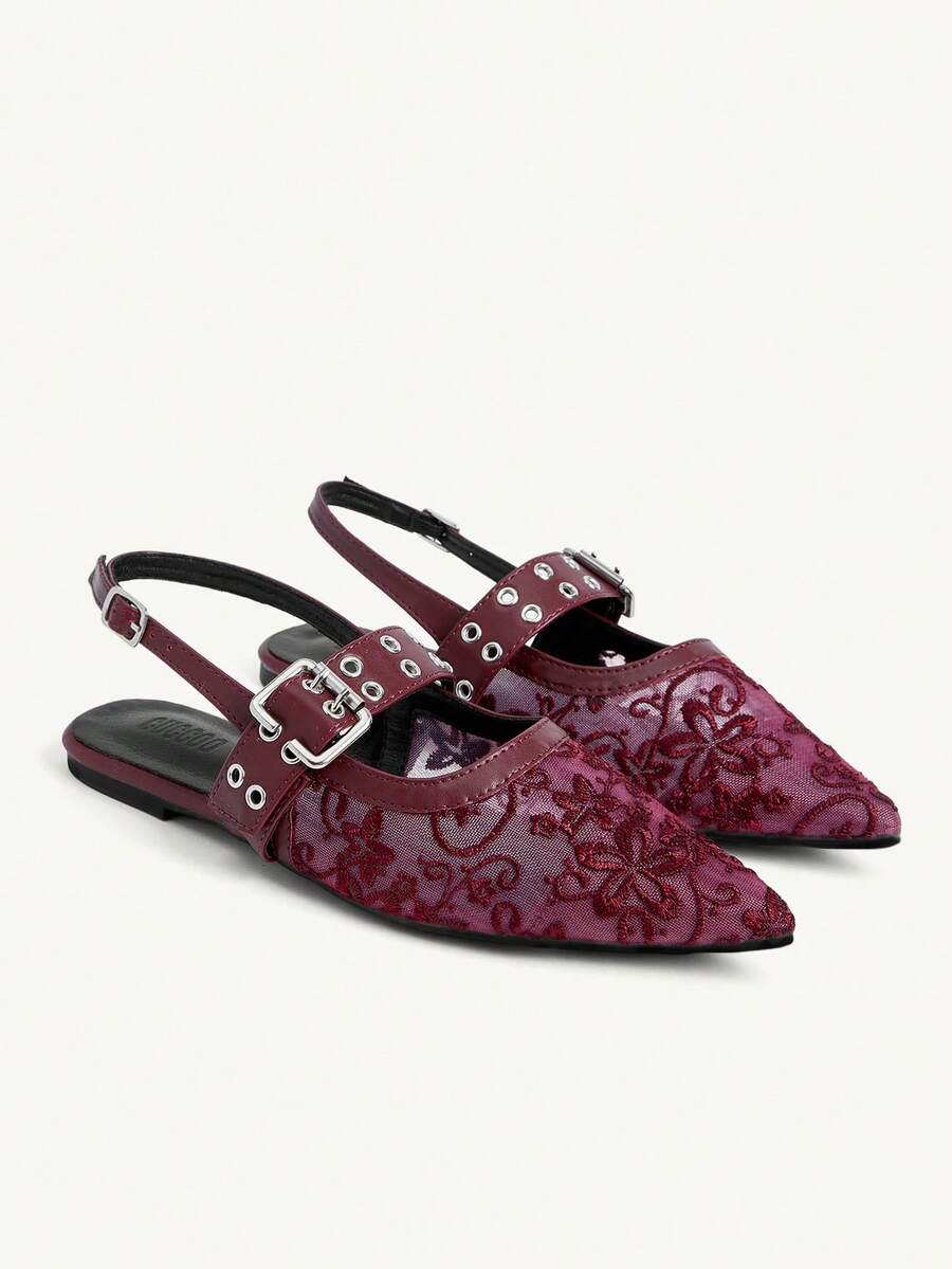 CUCCOO CHICEST Ladies, Willow Nails, Buckles, Flat Shoes. - Burgundy - View 1