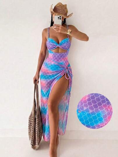 Swim SXY Set Bikini 2 Potong Terbaru untuk Wanita, Terdiri dari Atasan One Piece dengan Tali Kepang Gradien dan Tali Bahu Tipis serta Rok Pantai dengan Tali Samping.