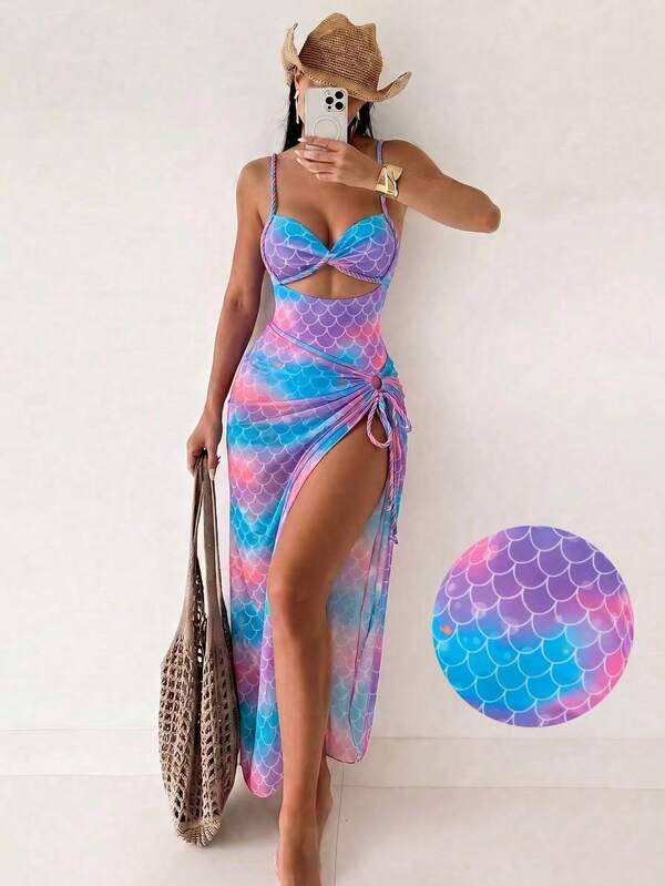 Swim SXY Summer New Women's Beach 2-Piece Set One-Piece Top Gradient Braided Rope Spaghetti Strap Side Tie Beach Skirt Bikini 3-Piece Set