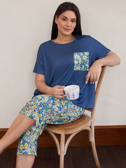 Doze Lane Women's Plus Size Round Neck Casual Pocket Short Sleeve Top & Floral Print 3/4 Length Pants Pajama Set