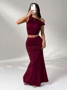 SHEIN EZwear 大尺碼女款極簡性感優雅純色魚尾裙 秋季雞尾酒會酒紅色 - 酒紅色 - 查看 6