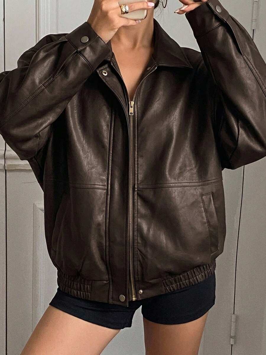 DAZY Women's Fashionable Versatile Casual Jacket, Autumn Leather Jacket School Cute Tops - Brown - View 1