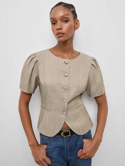 Maija Women's Solid Color Single-Breasted Short Petal Sleeve Casual Blazer,Going Out Outfits, Work Outfits For Women,Fall Clothes