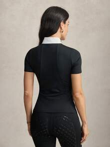 Activina Women's Stand Collar Black & White Mesh Patchwork Short Sleeve Button Half-Open Placket Equestrian Top Daily Wear  Pickleball Tennis Golf - Black and White - View 3