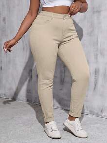 SHEIN Tall CURVE 大尺碼純色極簡百搭鈕扣口袋牛仔褲 - 卡其色 - 查看 7