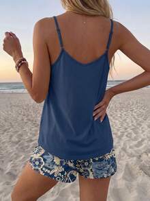 SHEIN LUNE 女款兩件套，適合夏季休閒極簡度假波希米亞優雅浪漫復古金藍印花圖案，女款通勤穿搭，音樂節、沙灘穿搭、度假穿搭，女款夏季穿搭 - 彩色 - 查看 2