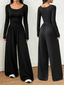 SHEIN Teen Girls Square Neck Casual Solid Color Jumpsuit, Casual Daily Wear, Knit, Autumn, Fitted, Wide, Fall - Black - View 1