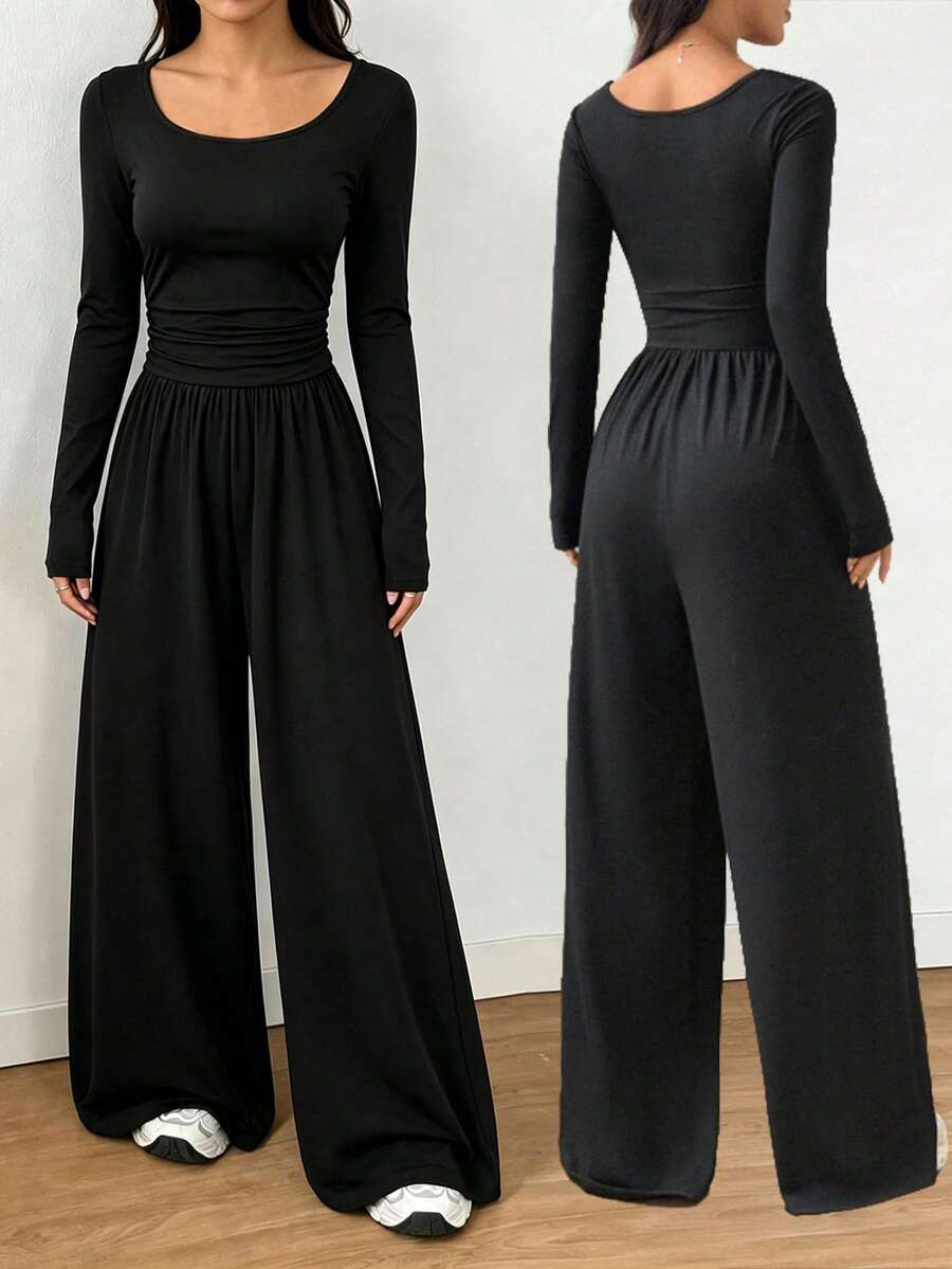 SHEIN Teen Girls Square Neck Casual Solid Color Jumpsuit, Casual Daily Wear, Knit, Autumn, Fitted, Wide, Fall - Black - View 1
