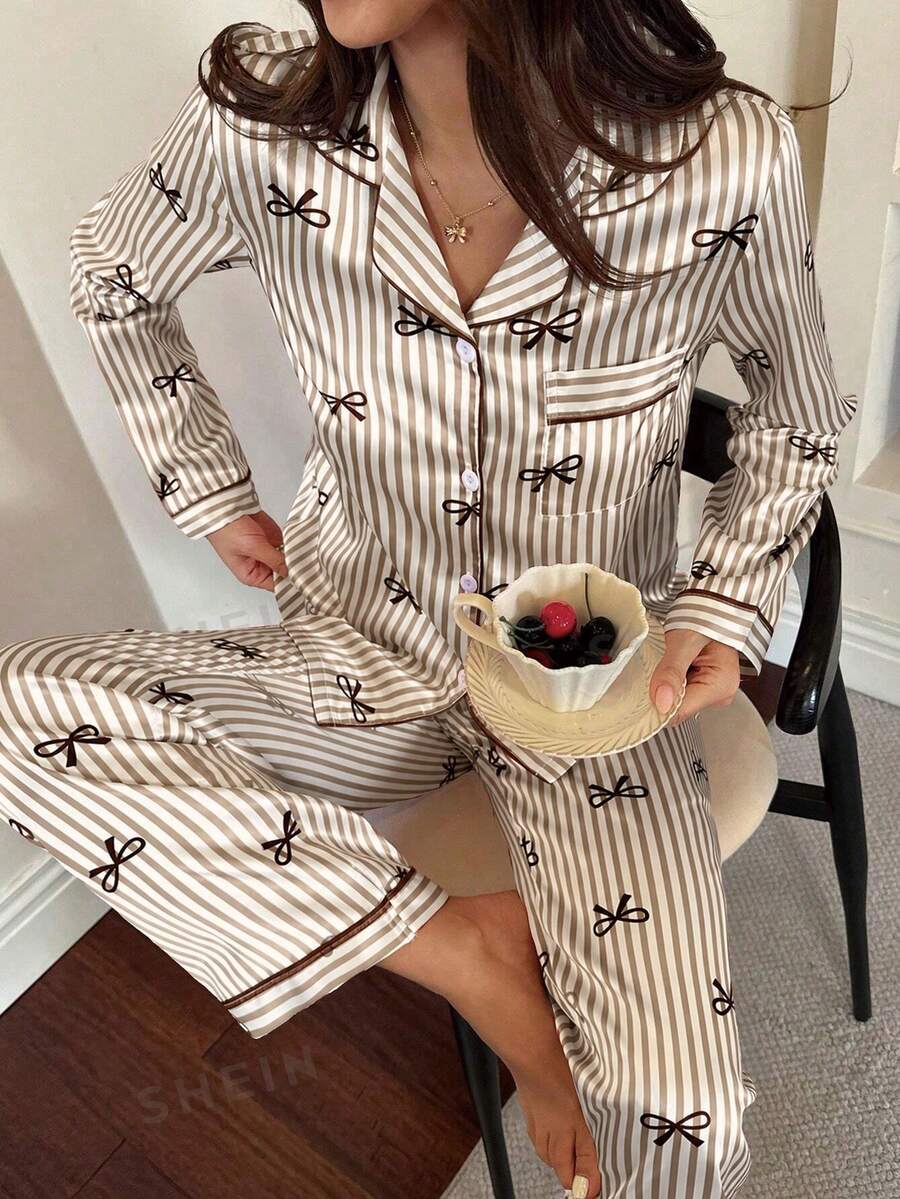 SHEIN 仿絲蝴蝶結條紋女款睡衣套裝 - 棕色 - 查看 1