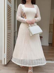 Feyla Plus Size French Elegant Embroidered Long Sleeve Square Neck Evening Wedding Guest Party Dress Wedding Beige Autumn - Apricot - View 4