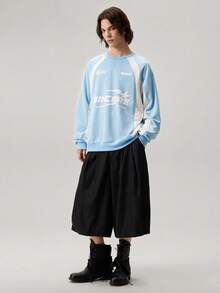 Vaulklash Men's Letter Print Round Neck Raglan Long Sleeve Pullover Light Blue Sweatshirt Streetwear 90s Style Casual Graphic , Fall - Baby Blue - View 6