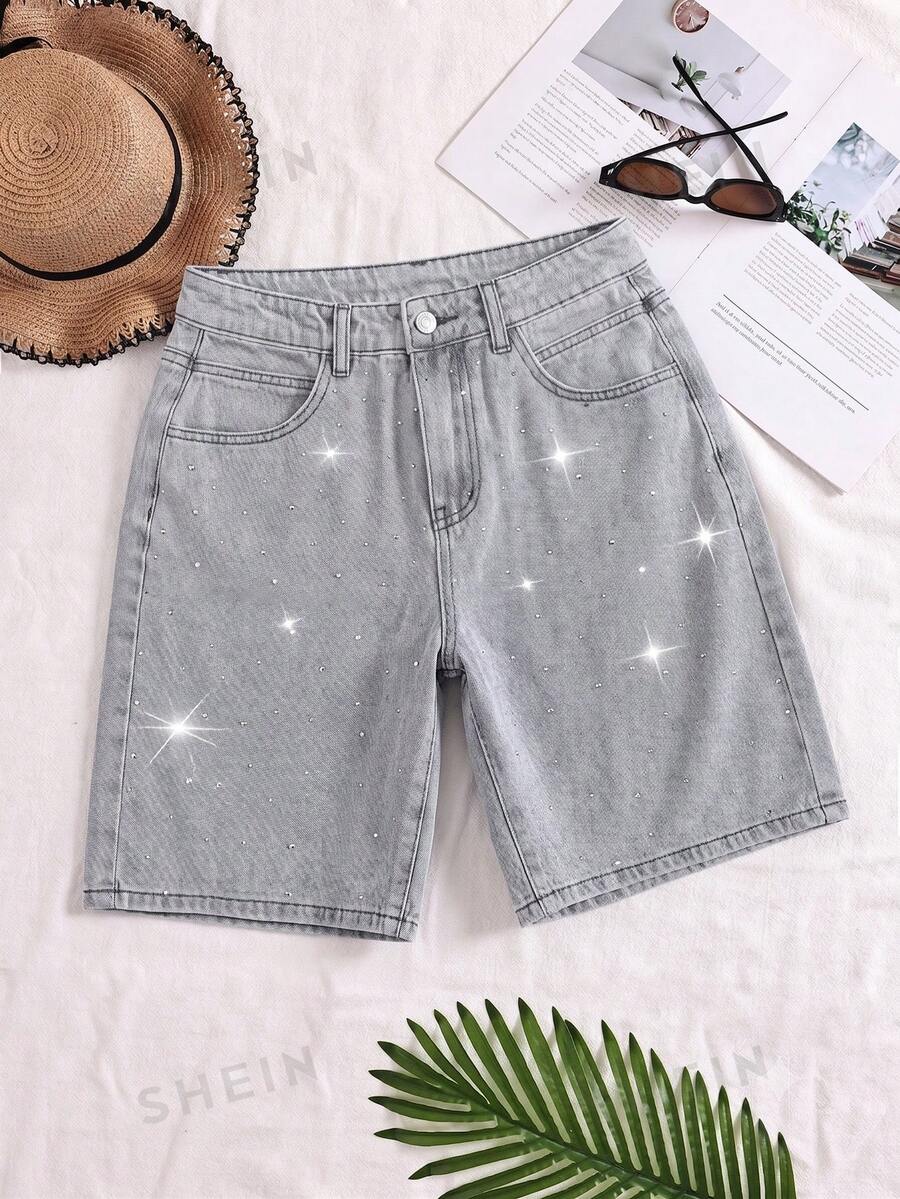 SHEIN Shorts de pierna recta de mezclilla lavada con adornos de strass para mujer - Gris Claro - Ver 1