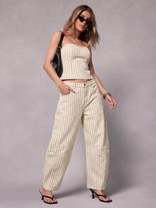 Hauture Women's Casual Striped Button Pocket Jeans For Daily Wear - Apricot - View 4