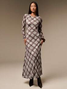 COSMINA Women's Fashion Plaid Long Dress Brunch Diner Office White And Brown Autumn Casual Vintage - Multicolor - View 1