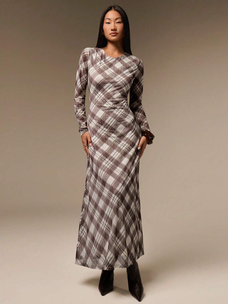 COSMINA Women's Fashion Plaid Long Dress Brunch Diner Office White And Brown Autumn Casual Vintage - Multicolor - View 1