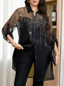Reflora Plus Size Vacation Print Single-Breasted Sheer Fashion Shirt - Black - View 9