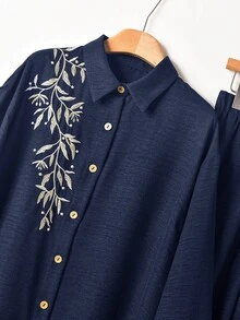 Rusticease 女款植物刺繡長袖襯衫與寬腿褲休閒兩件套 - 藏蓝色 - 查看 5